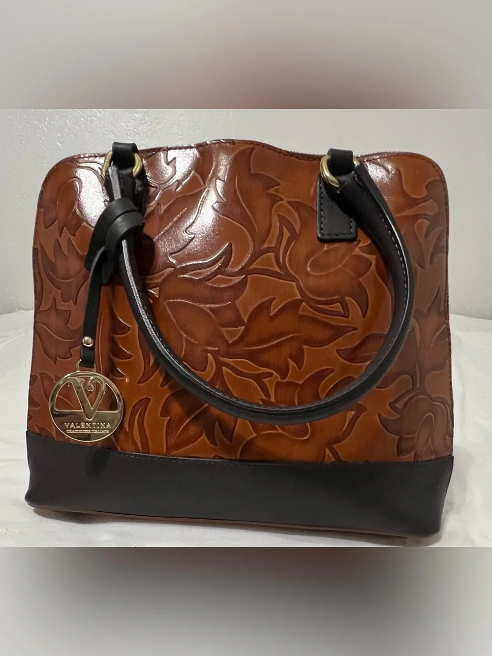 Valentina Italian Leather Cognac Embossed Floral Top Handle Satchel Bag